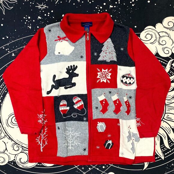 Charter Club Sweaters - Charter Club Cardigan Sweater Women's 2X Red Knit Ramie Ugly Christmas Patchwork